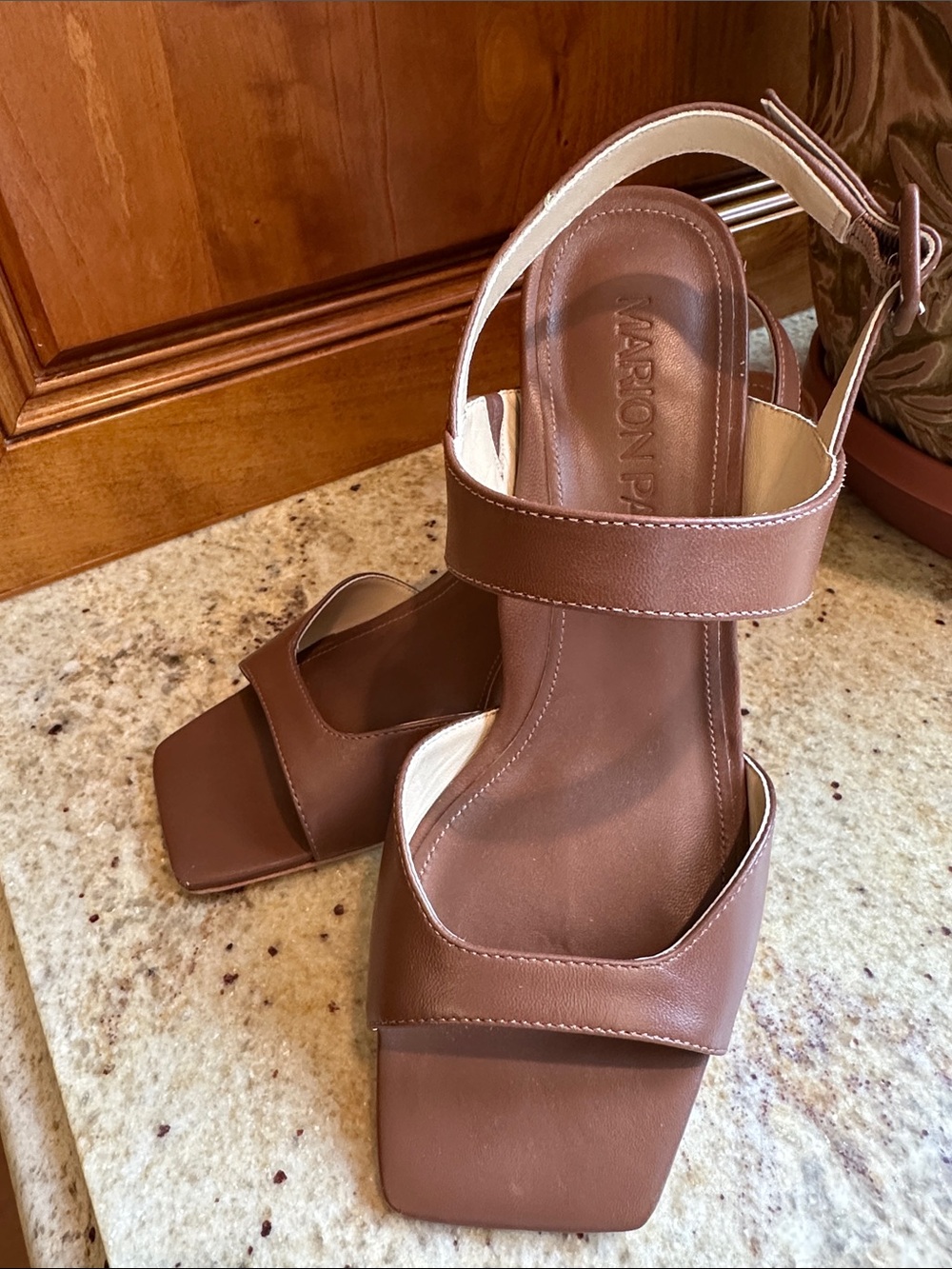 Brown Square-Toe Heeled Sandals with Ankle Strap